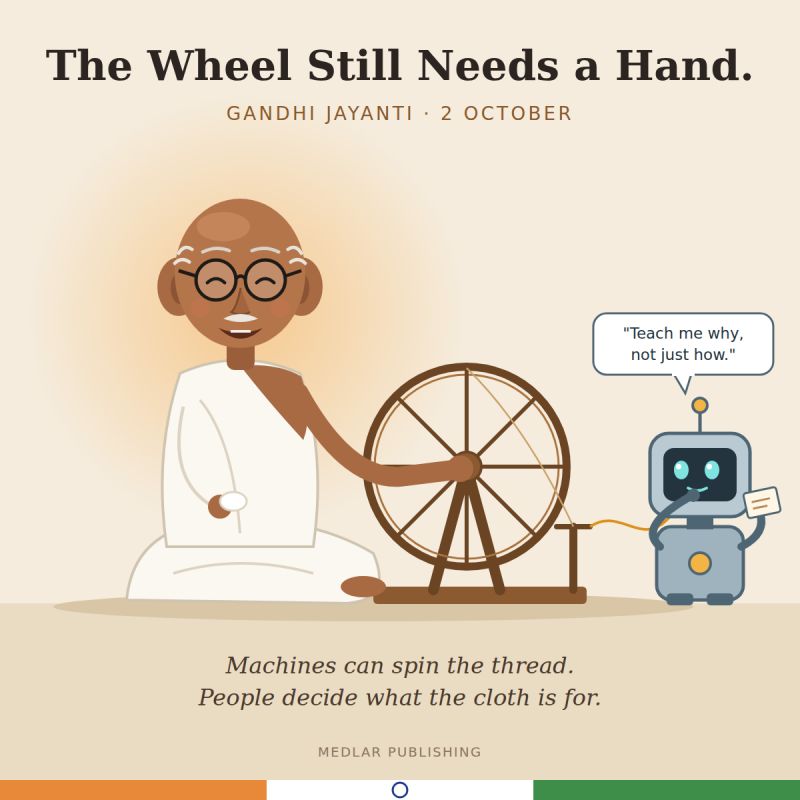 Illustration of Gandhi at the charkha beside a friendly robot asking "Teach me why, not just how" — The Wheel Still Needs a Hand, Gandhi Jayanti 2 October
